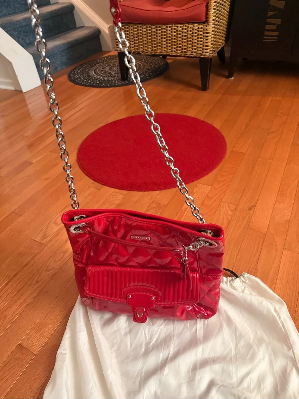 Coach Red Quilted Patent Shoulder Bag with Silver Chain
